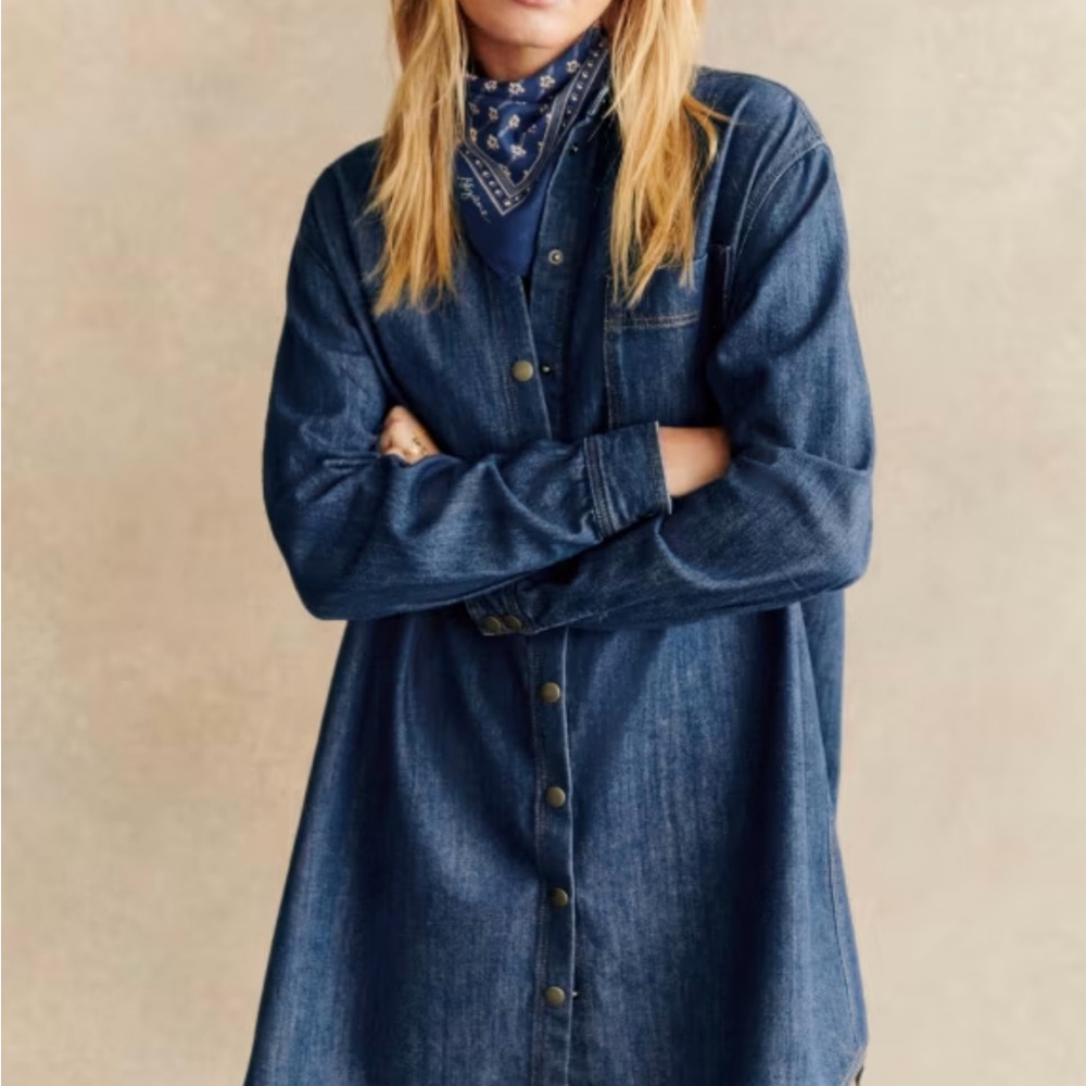 Sezane Denim Shirt Dress in Deep Blue with Brown Boots - Picture 2 of 11